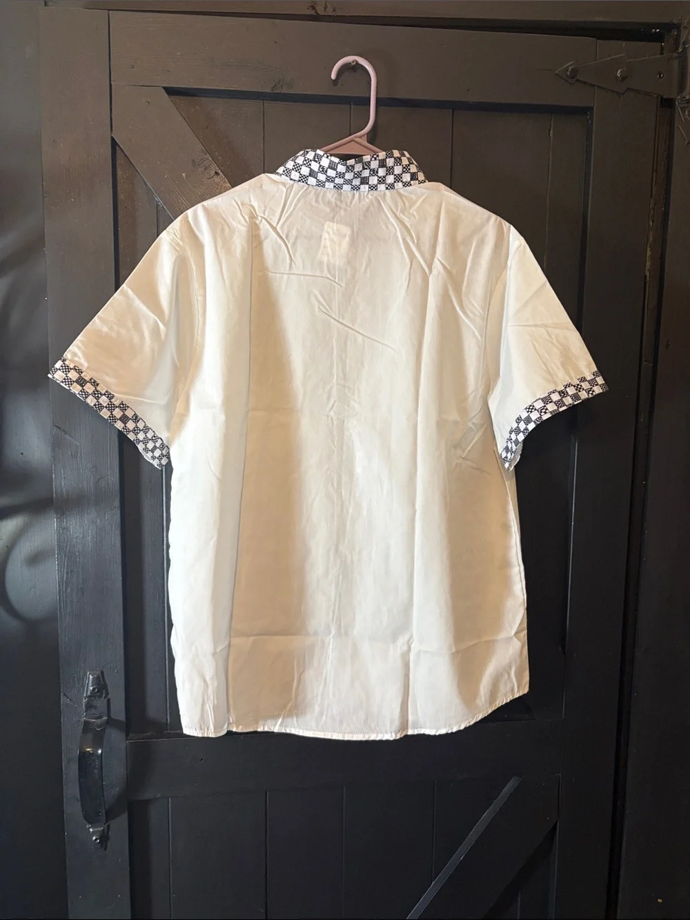 Men's White Short-Sleeve Button-Down Shirt with Patterned Collar
